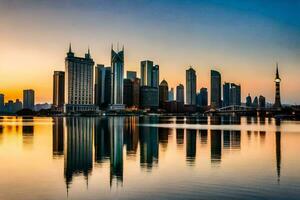 das Horizont von Dubai beim Sonnenuntergang. KI-generiert foto