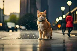 ein Orange Katze ist Stehen auf das Straße im das Regen. KI-generiert foto