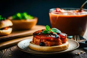 ein klein Sandwich mit Tomate Soße und ein Glas von Saft. KI-generiert foto