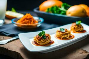 drei klein Platten mit Spaghetti und Orangen auf ein hölzern Tisch. KI-generiert foto