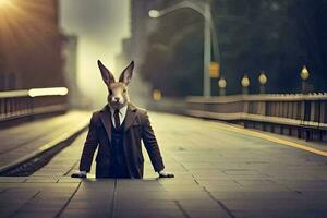 ein Hase tragen ein passen und Krawatte auf ein Straße. KI-generiert foto