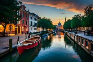 ein Boot ist angedockt im ein Kanal beim Sonnenuntergang. KI-generiert foto