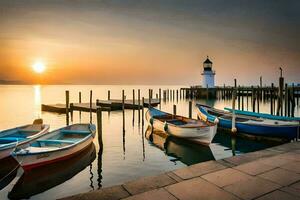 Boote angedockt beim das Seebrücke beim Sonnenuntergang. KI-generiert foto