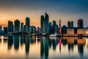 das Stadt Horizont beim Dämmerung im Doha, Katar. KI-generiert foto