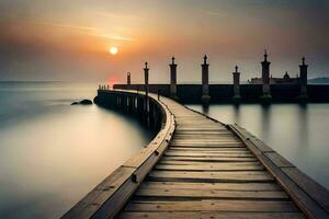 ein lange hölzern Seebrücke erstreckt sich aus in das Ozean beim Sonnenuntergang. KI-generiert foto