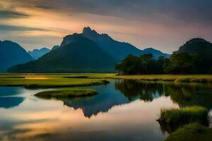 das Berge sind reflektiert im das Wasser beim Sonnenuntergang. KI-generiert foto