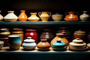 ein Regal voll von bunt Keramik Vasen. KI-generiert foto