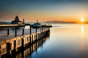 ein Seebrücke mit ein Leuchtturm beim Sonnenuntergang. KI-generiert foto