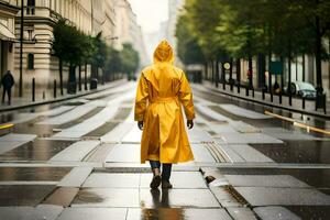 ein Person im ein Gelb Regenjacke Gehen Nieder ein Straße. KI-generiert foto