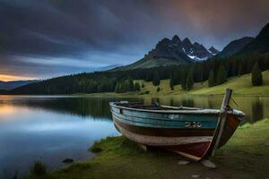 ein Boot sitzt auf das Ufer von ein See beim Sonnenuntergang. KI-generiert foto