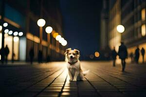 ein Hund Stehen auf ein Backstein Straße beim Nacht. KI-generiert foto