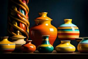 ein Sammlung von bunt Vasen auf ein Tisch. KI-generiert foto