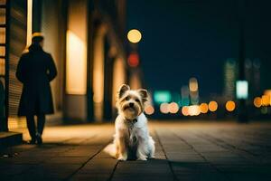 ein klein Hund Sitzung auf das Bürgersteig beim Nacht. KI-generiert foto