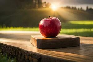ein Apfel sitzt auf ein hölzern Block im Vorderseite von ein Sonnenuntergang. KI-generiert foto