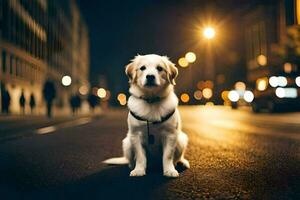 ein Hund Sitzung auf das Straße beim Nacht. KI-generiert foto