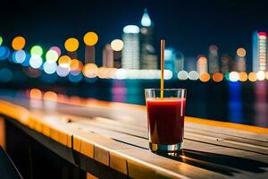 Glas von Saft auf das Tabelle im Vorderseite von das Stadt. KI-generiert foto