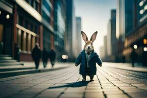 ein Hase im ein passen Gehen Nieder ein Stadt Straße. KI-generiert foto