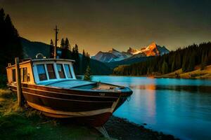 ein Boot sitzt auf das Ufer von ein See beim Sonnenuntergang. KI-generiert foto