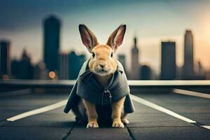 ein Hase tragen ein Mantel und Stehen auf ein Stadt Straße. KI-generiert foto