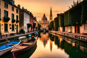 Boote sind angedockt im ein Kanal beim Sonnenuntergang. KI-generiert foto