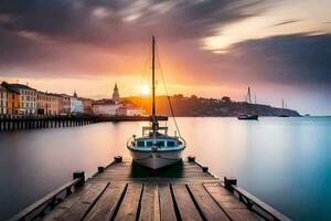 ein Boot angedockt beim das Seebrücke beim Sonnenuntergang. KI-generiert foto