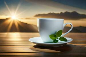 Kaffee Tasse, das Sonne, Berge, Sonnenaufgang, das Berge, Sonnenaufgang, das Berge,. KI-generiert foto