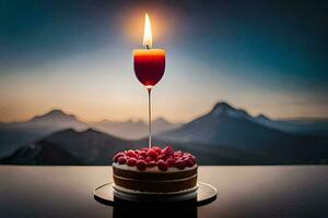 ein Kerze ist zündete auf oben von ein Kuchen mit Berge im das Hintergrund. KI-generiert foto