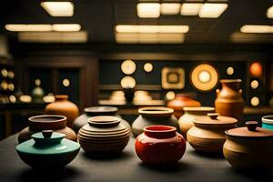 ein Sammlung von Keramik Vasen auf ein Tisch. KI-generiert foto