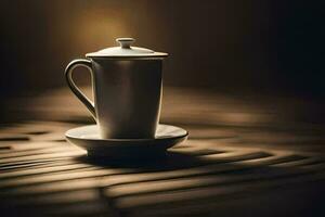 ein Kaffee Tasse sitzt auf ein hölzern Tisch. KI-generiert foto