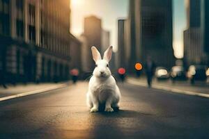 ein Weiß Hase ist Sitzung auf das Straße im Vorderseite von ein Stadt. KI-generiert foto