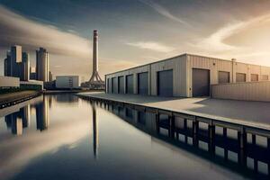 ein Fabrik Gebäude mit ein Dock und ein Wasserweg. KI-generiert foto