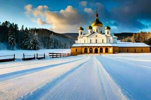 ein Kirche im das Schnee mit Schnee auf das Boden. KI-generiert foto
