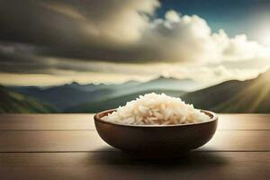Reis im ein Schüssel auf ein hölzern Tisch. KI-generiert foto