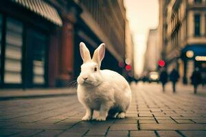 ein Weiß Hase ist Stehen auf ein Straße. KI-generiert foto