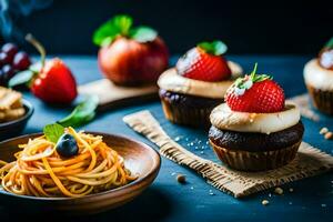 ein Tabelle mit Cupcakes, Spaghetti und andere Lebensmittel. KI-generiert foto