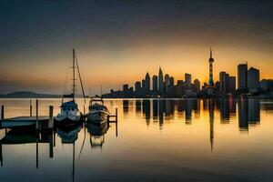 das Stadt Horizont ist reflektiert im das Wasser beim Sonnenuntergang. KI-generiert foto