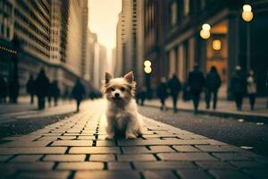 ein klein Hund Sitzung auf das Straße im ein Stadt. KI-generiert foto