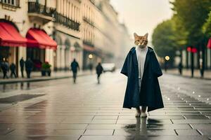 ein Katze im ein Mantel Stehen auf ein nass Straße. KI-generiert foto