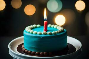 Blau Geburtstag Kuchen mit ein zündete Kerze. KI-generiert foto