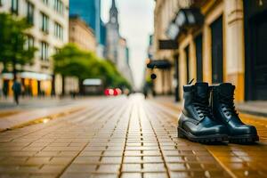 ein Paar von schwarz Stiefel auf ein Backstein Straße. KI-generiert foto