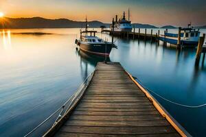 ein hölzern Dock führt zu ein Boot im das Wasser. KI-generiert foto