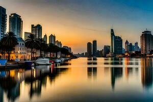 das Stadt Horizont ist reflektiert im das Wasser beim Sonnenuntergang. KI-generiert foto