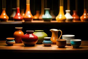 ein Sammlung von bunt Vasen und Tassen auf ein Regal. KI-generiert foto