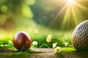 Ostern Eier und Blumen auf das Gras. KI-generiert foto