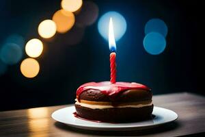 ein Schokolade Geburtstag Kuchen mit ein Single Kerze auf oben. KI-generiert foto