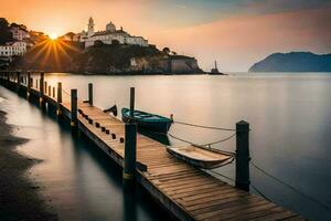 ein Seebrücke mit Boote im das Wasser beim Sonnenuntergang. KI-generiert foto