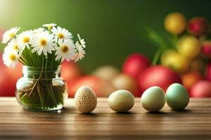 Ostern Eier und Gänseblümchen im ein Vase auf ein Tisch. KI-generiert foto