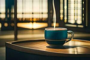 ein Tasse von Kaffee auf ein Tabelle mit ein Aussicht von das Stadt. KI-generiert foto