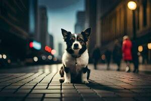 ein Hund Sitzung auf das Straße beim Nacht. KI-generiert foto