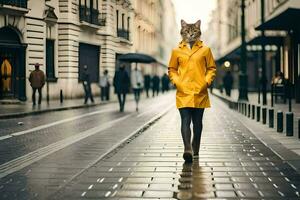 ein Katze im ein Gelb Regenjacke Gehen Nieder ein Straße. KI-generiert foto